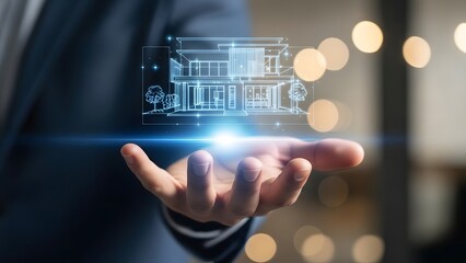 Innovating the future of real estate a human hand holds a glowing holographic 3D model of a contemporary smart home, showcasing advanced property technology