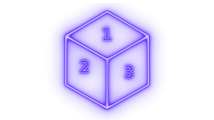 Bright glowing neon cube icon illustration with prominent numbers one, two, and three on its visible faces, symbolizing stages or choices, isolated on transparent background.