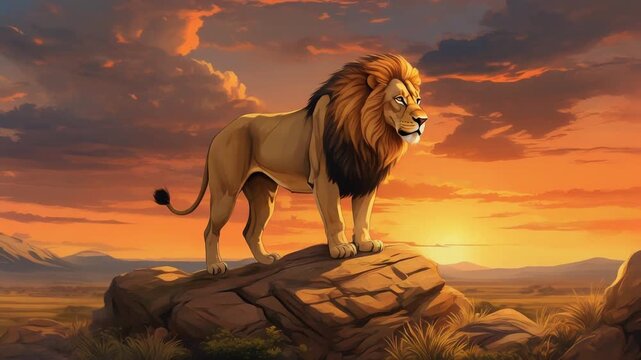 Majestic lion standing on rocky ledge at sunset, cartoon style, mp4 video. AI
