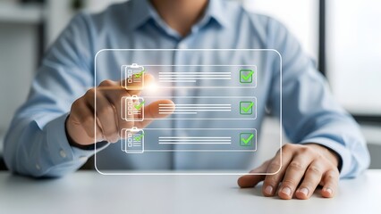 Business professional interacting with a futuristic transparent digital checklist, representing efficient task management, survey completion, and progress monitoring in a contemporary work setting