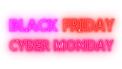 Vibrant glowing neon typography for black friday and cyber monday sale event, offering exciting discounts and shopping deals, a festive marketing banner illustration.