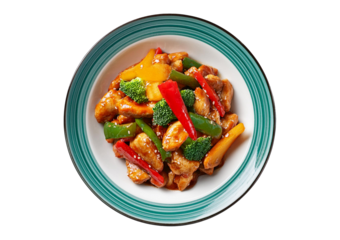 chinese general tso's chicken stir fry in plate isolated on transparent or white background