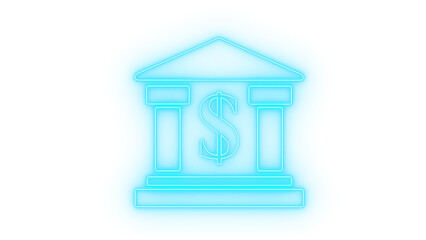 Colorful glowing neon outline icon of a bank building with a dollar sign, on a blue liquid shape, symbolizing finance and banking isolated on transparent background.