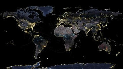 Illuminated Cities and Nature, World Overview, Digital Art, Nighttime View, Geospatial Concept