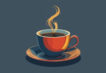 Obraz premium Steaming cup of coffee in a vibrant illustrated cup and saucer with retro tones