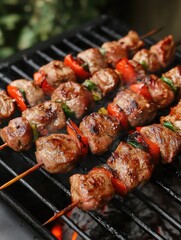 Close-up of grilled meat and vegetable skewers