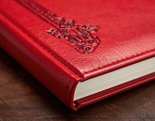 Red leather-bound book rests on wood