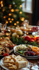 A festive feast on a table, tree in background