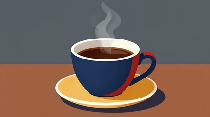 Obraz premium Steaming cup of dark coffee in a blue and red ceramic cup on a yellow saucer