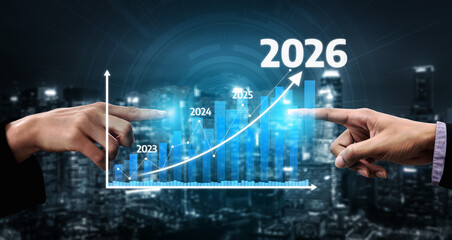 Visual representation of business growth with hands pointing at a futuristic graph, illustrating increasing trends from 2023 to 2026 in a sleek urban environment. Tessel