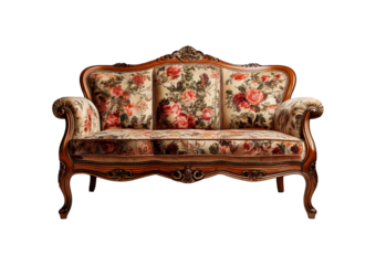 Elegant vintage sofa with ornate wooden frame and floral upholstery, isolated on a transparent or white background.