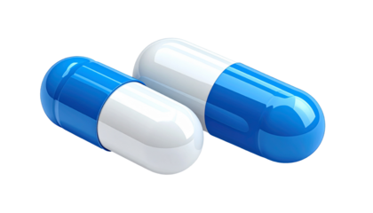 Two pills, blue and white capsules