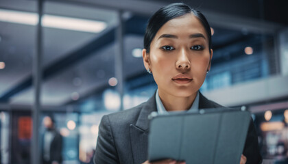 A focused businesswoman looks at her tablet in a modern office setting, highlighting professionalism and technology in the workplace