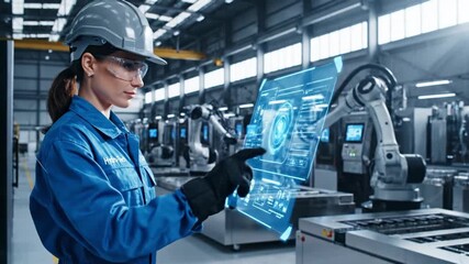 A female engineer in a factory interacts with a holographic interface to control a robotic arm, showcasing advanced industrial automation and smart manufacturing. - Powered by Adobe
