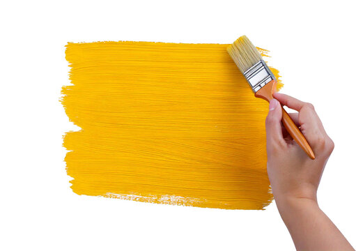 Hand painting using a yellow roller brush isolated on a transparent or white background