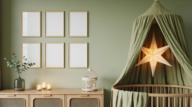 Nursery interior with six blank frames, crib canopy, and star light
