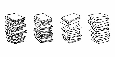 A sketch of five stacks of books varying in height and stability