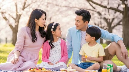 A family spends time together at a park having a picnic while cherry blossoms bloom around them