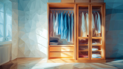 窓から光が差し込む部屋で衣類を収納した木製クローゼットの生活シーンを描いた水彩ポリゴン