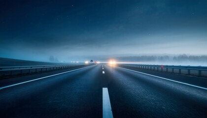 Obraz premium On the open road A journey through the misty blue highway at dusk