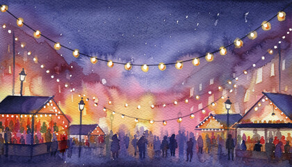 Christmas market scene with market stalls selling xmas gifts, hot mulled wine, souvenirs, watercolor illustration of Christkindlesmarkt  at night illuminated with blurry string lights on town square