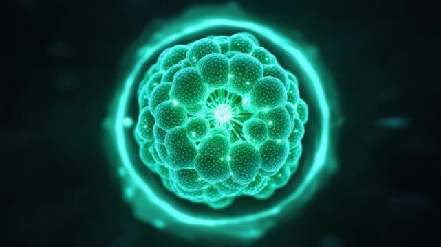 Microscopic Marvel: An ethereal glow surrounds a cell, its intricate structure and internal activity displayed in vibrant detail. It represents cellular composition and scientific wonders.