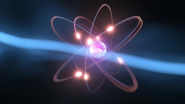 Atom's Energy: An abstract illustration of an atom, with its nucleus and orbiting electrons, glows with radiant energy, symbolizing the fundamental building block of all matter.