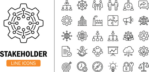 Stakeholder management line icons set showing teamwork, collaboration, business communication, corporate structure, leadership, organization chart, strategy, planning, outline illustration