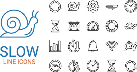 Slow speed line icon set featuring snail symbols, loading indicators, timers, clocks, progress bars, and low performance measurement illustrations © MDALRAFIN