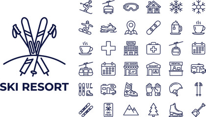 Ski resort winter sports icon set, skiing equipment symbols, mountain adventure graphics, snowboard, lift, lodge, vacation travel illustration collection