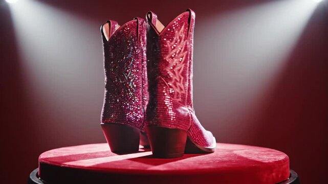 A pair of sparkly pink cowboy boots displayed on a red stage, glamorous fashion concept, glitter reflections, stylish composition
