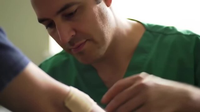 Medical professional applying adhesive bandage to patients arm
