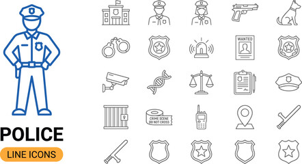 Police line icon collection for law enforcement, crime investigation, security services, police equipment, patrol officers, public safety, justice system, and crime prevention designs
