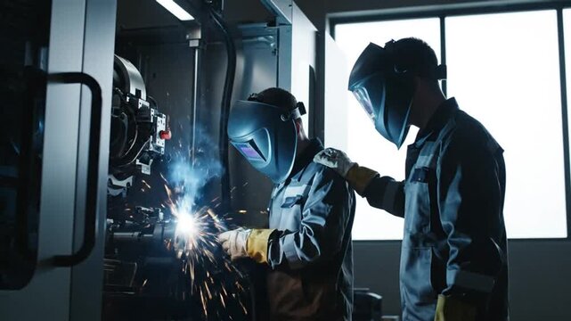 Two welders in protective gear working on machinery in an industrial workshop, with sparks flying during the welding process.