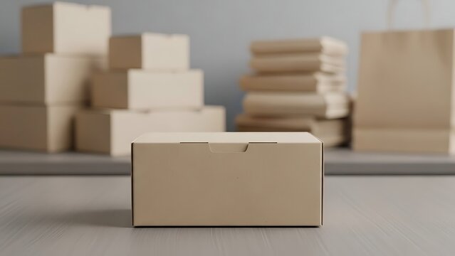 A single cardboard shipping box sits in the foreground with a blurred background of stacked boxes and paper bags suggesting delivery and logistics