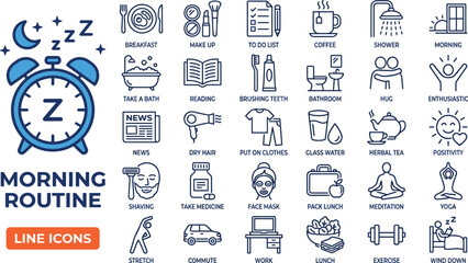 Morning routine line icon set featuring daily habits, self-care activities, wellness practices, productivity tasks, healthy lifestyle symbols for modern design projects