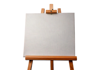 An empty wooden artist easel stand holding a blank painting canvas isolated on transparent or white background