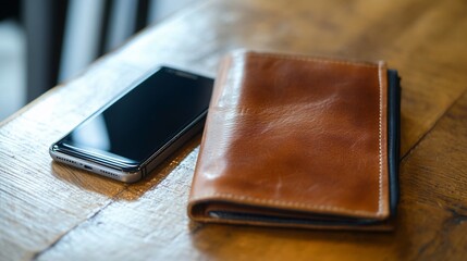 Elegant essentials, Leather wallet and smartphone on wooden surface capture modern life's necessities