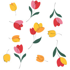 A set of abstract, minimalist tulip flowers drawn with a continuous single line and modern, colorful flat shapes (red, pink, yellow). Perfect for spring, floral patterns, wedding invitations, and gree