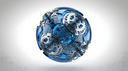 Mechanical globe assembled from gears and blue circuitry representing technology concept