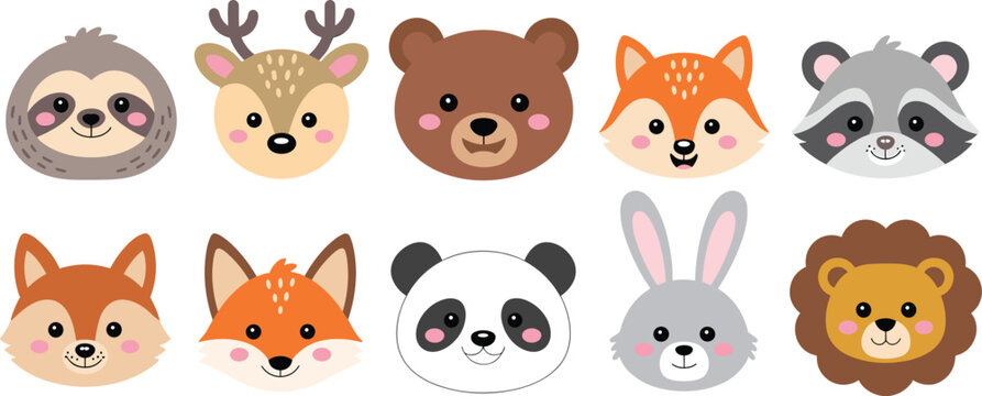 Cute cartoon animal faces including sloth, deer, bear, fox, raccoon, panda, rabbit and lion, perfect for kids design and woodland themes