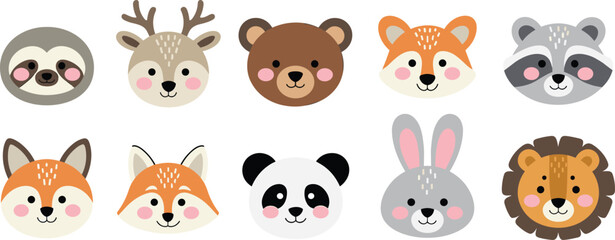Cute cartoon animal faces including sloth, deer, bear, fox, raccoon, panda, rabbit and lion, perfect for kids design and woodland themes