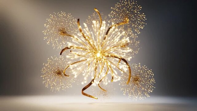 Golden sparkling abstract entity with dandelion-like bursts and swirling branches on a gradient background