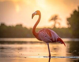 Flamingo stands in shallow water, bathed in the warm glow of sunrise/sunset