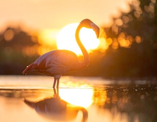 Flamingo stands in shallow water with the setting sun behind it, mirroring in water