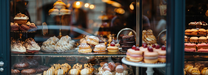 Sweet Temptations: An inviting shop window showcases an array of delectable pastries, cakes, and treats, a feast for the eyes and a promise of delightful flavors.