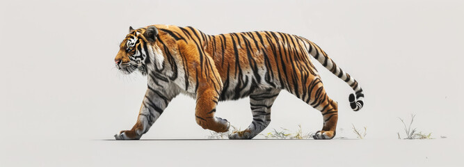 Obraz premium Majestic Tiger on the Prowl: A magnificent tiger gracefully strides across an open landscape, showcasing its striking stripes and powerful presence. Evoking strength, wildness.