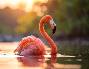 Flamingo swims at golden hour, its bright pink feathers shining against blurred backdrop