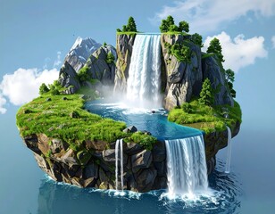 Floating island with waterfalls, lush greenery, mountains in the distance, blue sky