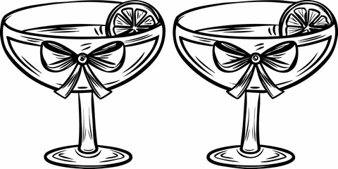 Elegant cocktail glasses with lemon slices and decorative bows a charming design